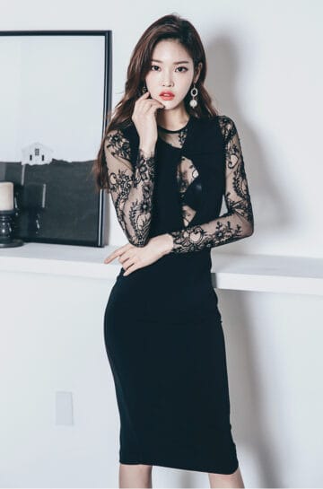 ラウンドネック シアーレースインサート ロングスリーブ ミディドレス |