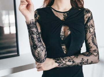 ラウンドネック シアーレースインサート ロングスリーブ ミディドレス |